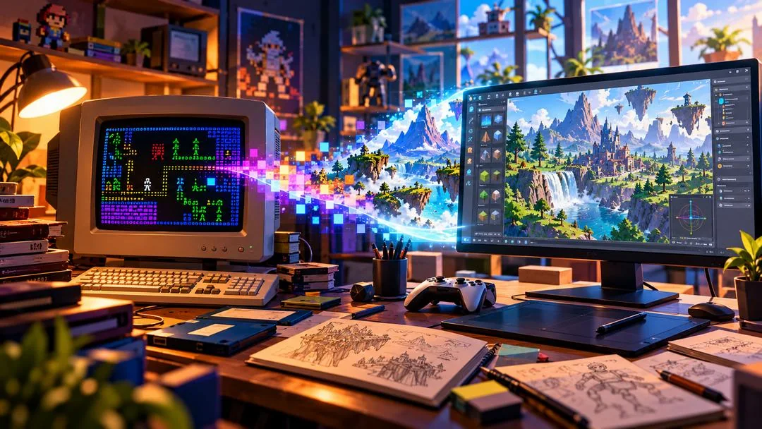 Illustration : un ancien ordinateur affichant un jeu en caractères colorés, relié par un flux de pixels à un écran d’éditeur moderne montrant des îles flottantes et un château