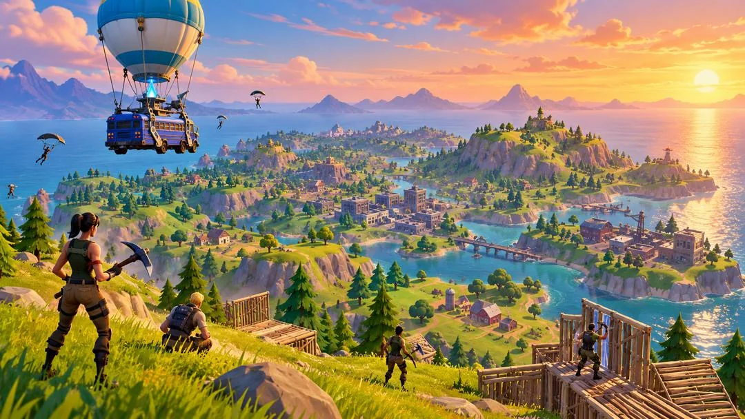 Illustration : des joueurs construisent des structures en bois sur une colline face à une île, pendant que d’autres sautent en parachute depuis un bus suspendu à un ballon