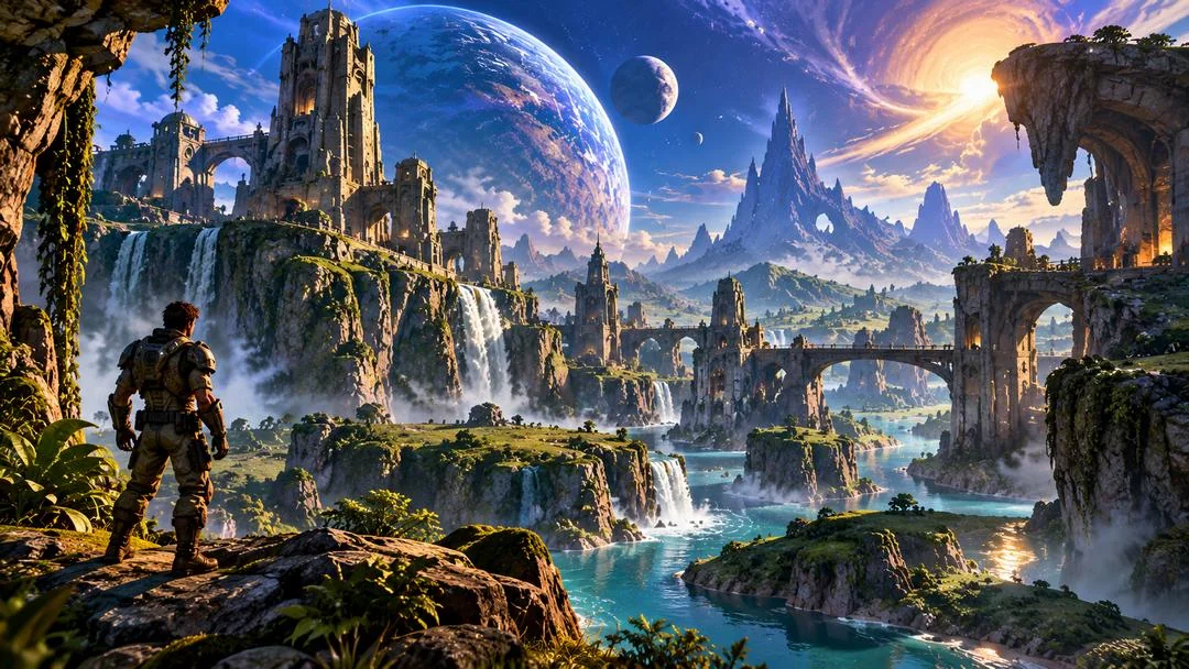 Illustration : un soldat en armure contemple un monde de science-fiction avec des ruines de château, des cascades, des arches de pierre et une planète géante dans le ciel