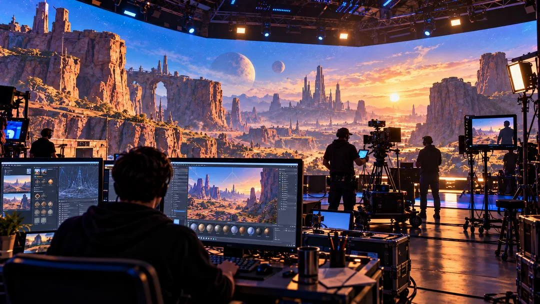 Illustration : un plateau de tournage avec un grand écran LED affichant un paysage de science-fiction, des caméras, une équipe technique et un poste d’édition 3D