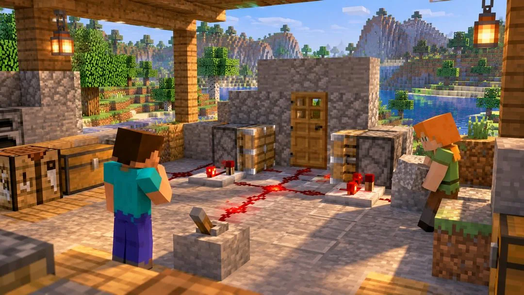 Illustration : deux personnages de Minecraft dans un atelier en pierre relient des circuits de redstone à une porte et à des mécanismes