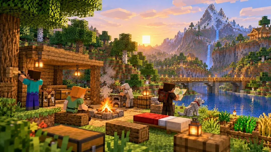 Illustration : des personnages de Minecraft installent un campement en forêt autour d’un feu, avec un loup, une carte, un lit et un pont au coucher du soleil