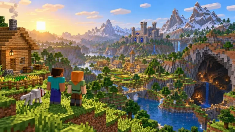Illustration : deux personnages de Minecraft et un loup contemplent un monde de blocs avec une maison, un village, un château, une rivière et une grotte au soleil couchant