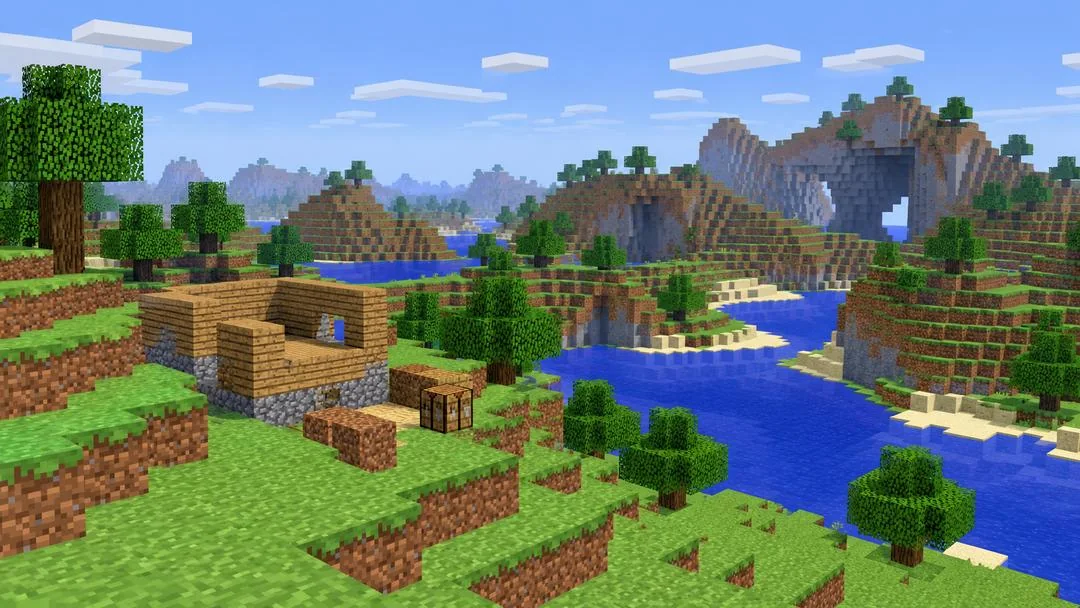 Illustration : un paysage de Minecraft avec une cabane en bois, un coffre, des arbres cubiques, une rivière et des collines en blocs