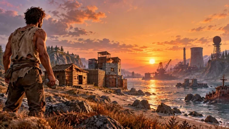 Illustration : un survivant en haillons, une pierre à la main, regarde au coucher du soleil des cabanes fortifiées en bois et en pierre, une côte rocheuse et un site industriel avec une tour de refroidissement