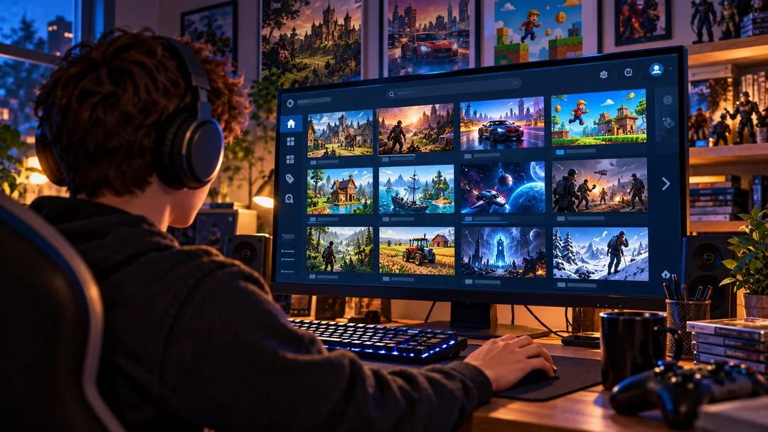 Illustration : un joueur avec un casque audio parcourt une boutique de jeux vidéo présentée en grille sur un grand écran
