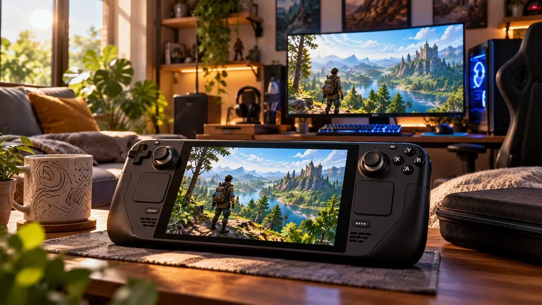 Illustration : une console portable Steam Deck posée sur une table de salon, le même jeu affiché sur l’écran d’un PC en arrière-plan