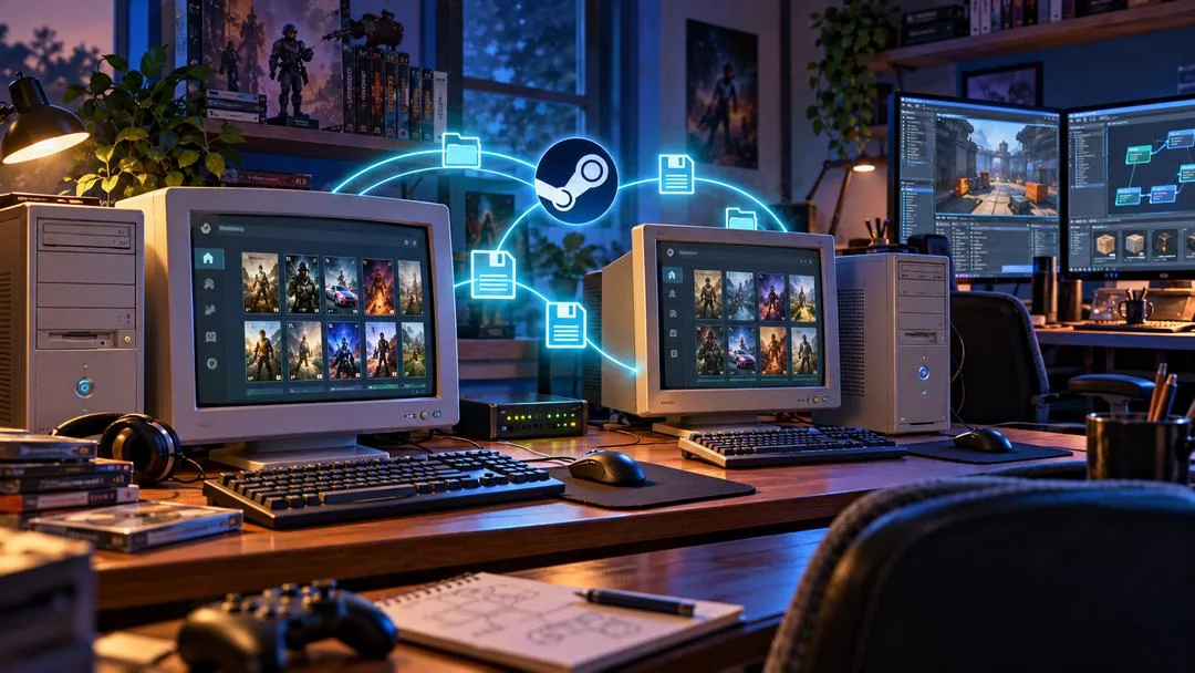 Illustration : deux ordinateurs reliés par des fichiers de sauvegarde lumineux qui transitent autour du logo Steam
