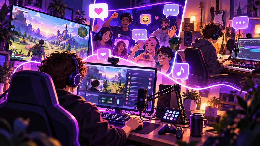 Illustration : des créateurs en direct, l’un sur un jeu d’aventure et l’autre au clavier musical, reliés à une communauté de spectateurs qui réagit par messages