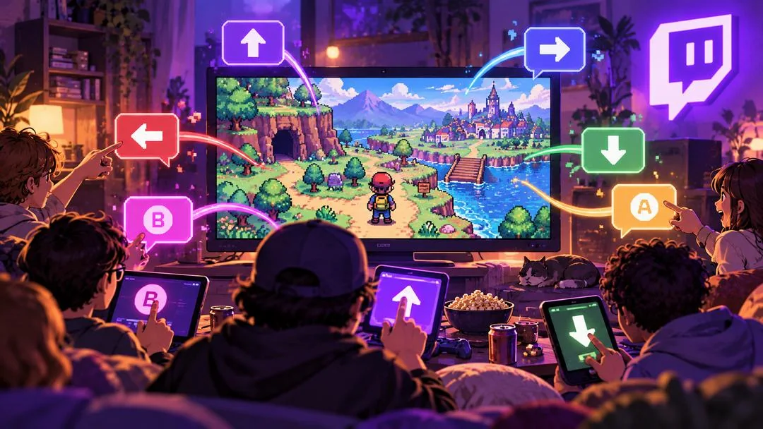 Illustration : des spectateurs envoient depuis leurs tablettes des commandes de direction et de boutons A et B qui pilotent un personnage dans un jeu de rôle en pixel art