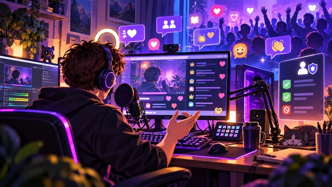 Illustration : un streamer face à son écran de diffusion, entouré de messages de soutien, de cœurs et d’un panneau de modération validant ou bloquant des messages