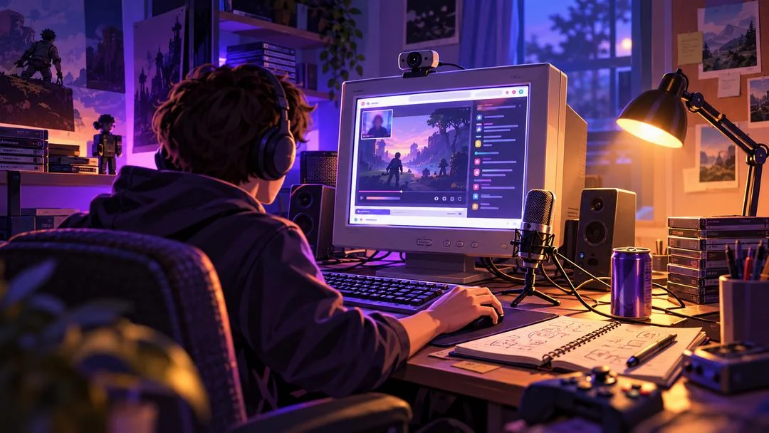Illustration : un joueur casqué diffuse sa partie en direct depuis un ancien écran équipé d’une webcam et d’un micro, la fenêtre de discussion ouverte à côté du jeu