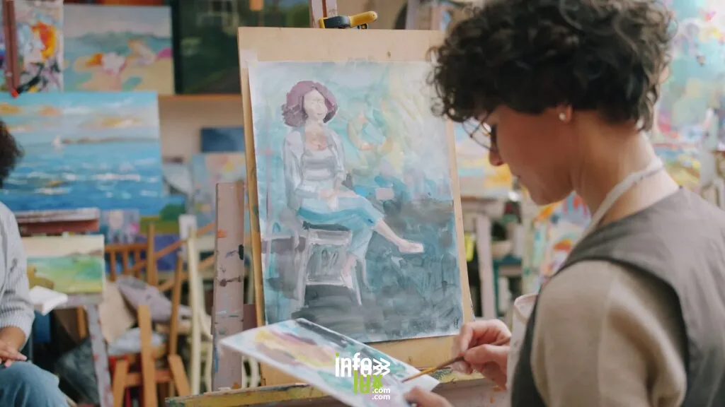 Un artiste concentré peint un portrait sur toile dans un atelier d'art aux couleurs chatoyantes.