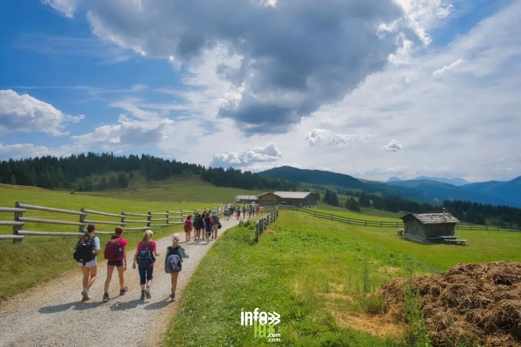 Un groupe de randonneurs parcourt un sentier à travers les prairies verdoyantes de Luson, en Italie, sous un ciel aux co