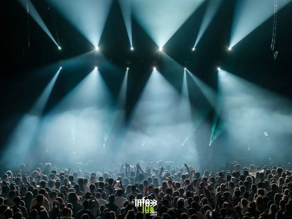 Une scène de concert dynamique avec une foule nombreuse profitant d'un éclairage scénique vibrant et d'une ambiance anim