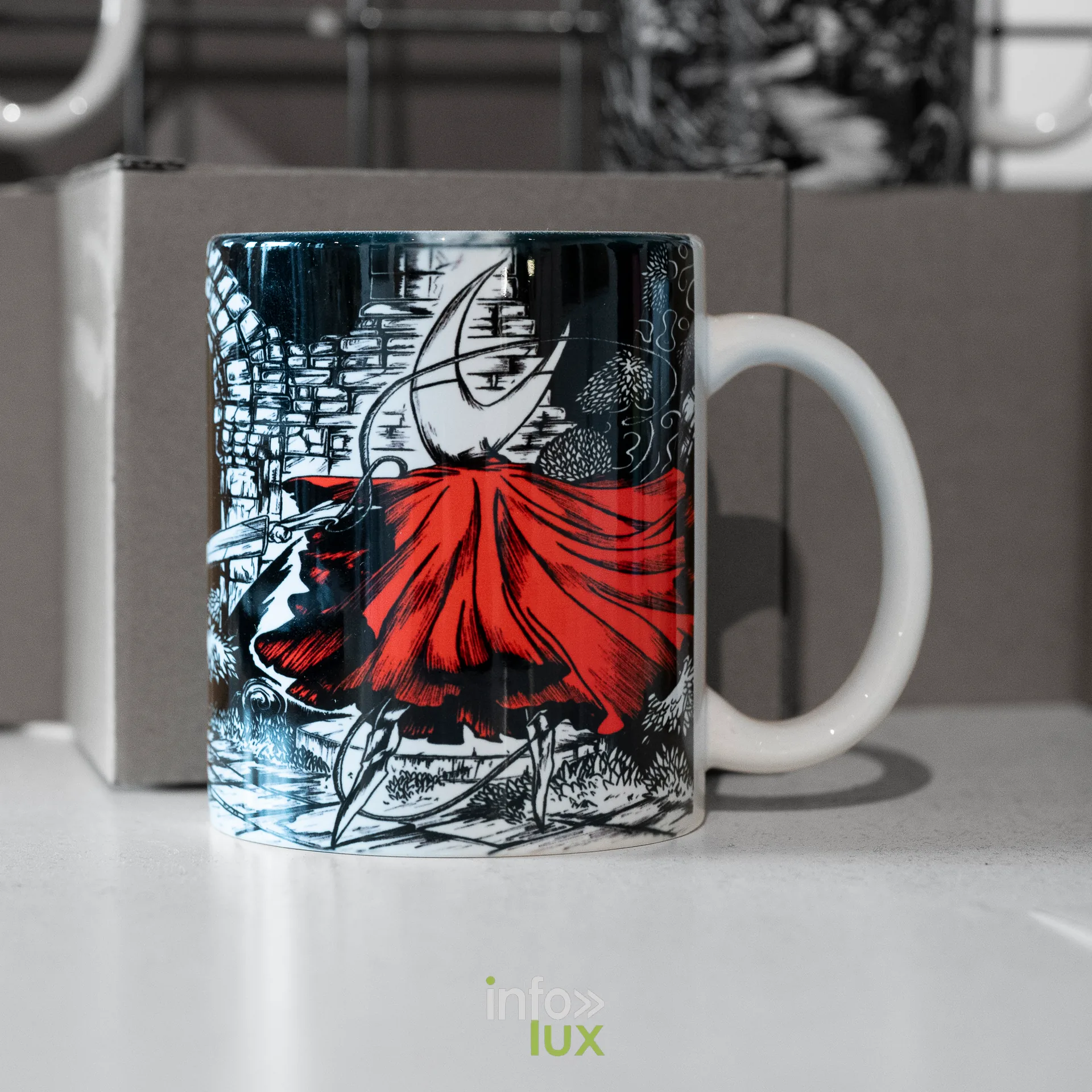 Portrait d’artiste Inky Road, Galerie Opéra, Liège, 2026 : Œuvre d’Inky Road imprimée sur un mug (photo Vincent Salmon)