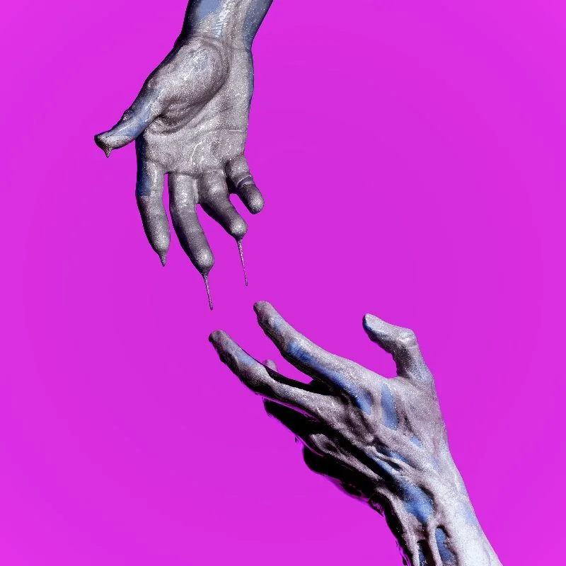 Pochette de l’album Digital Therapy de Jean-Paul Groove : deux mains argentées qui se cherchent sur fond fuchsia