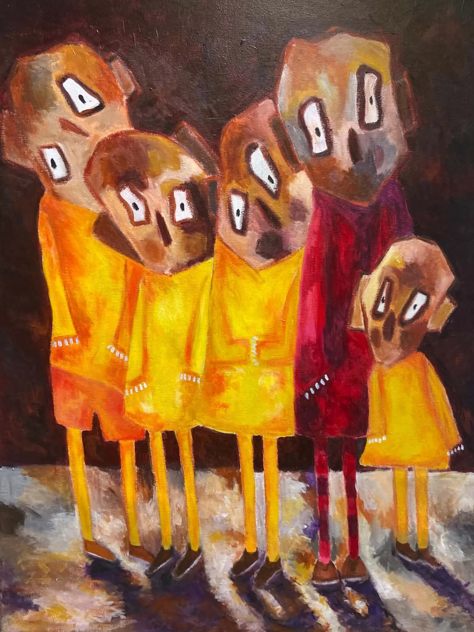 Toile de Kathy Philippe : groupe de personnages aux grands yeux en jaune et orange, exposée à la Kalerie en novembre 2026