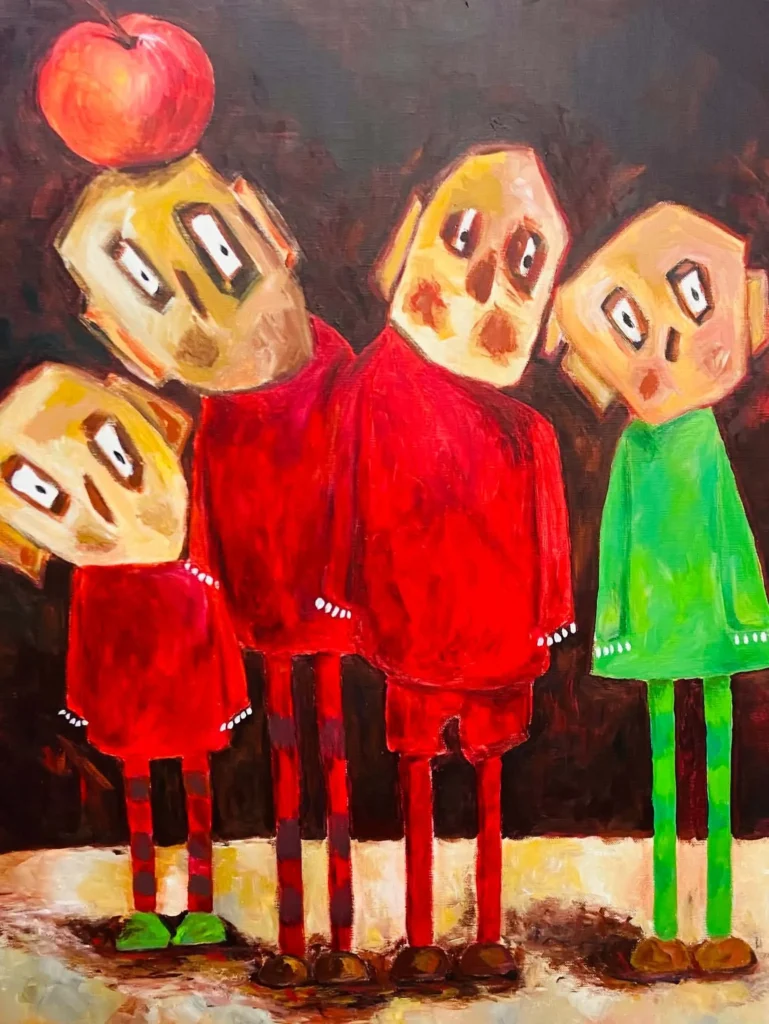 Toile de Kathy Philippe : personnages aux grands yeux en rouge et vert, exposition à la Kalerie de Marche-en-Famenne