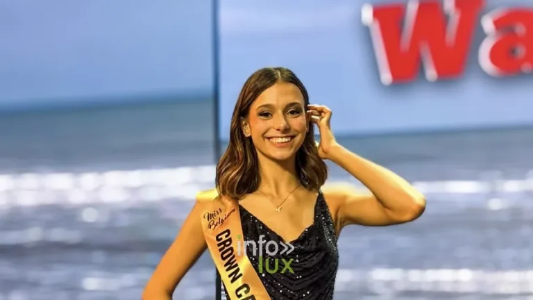 Lauren, Crown Card Bruxelles Miss Belgique 2027, souriante avec son écharpe Crown Card Miss Belgium