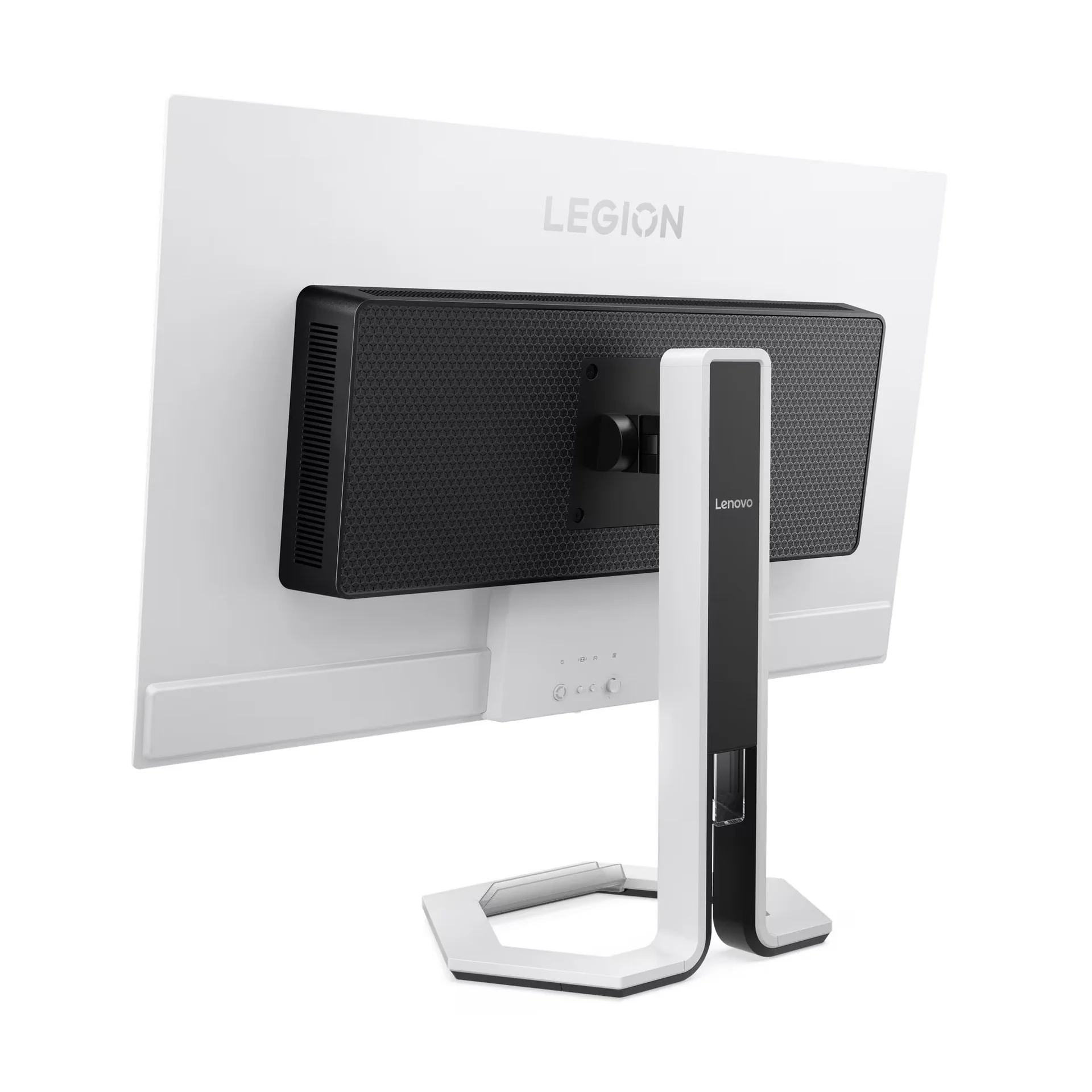 Le dos du Lenovo Legion Pro 32UD-10 vu de trois quarts, avec le logo Legion