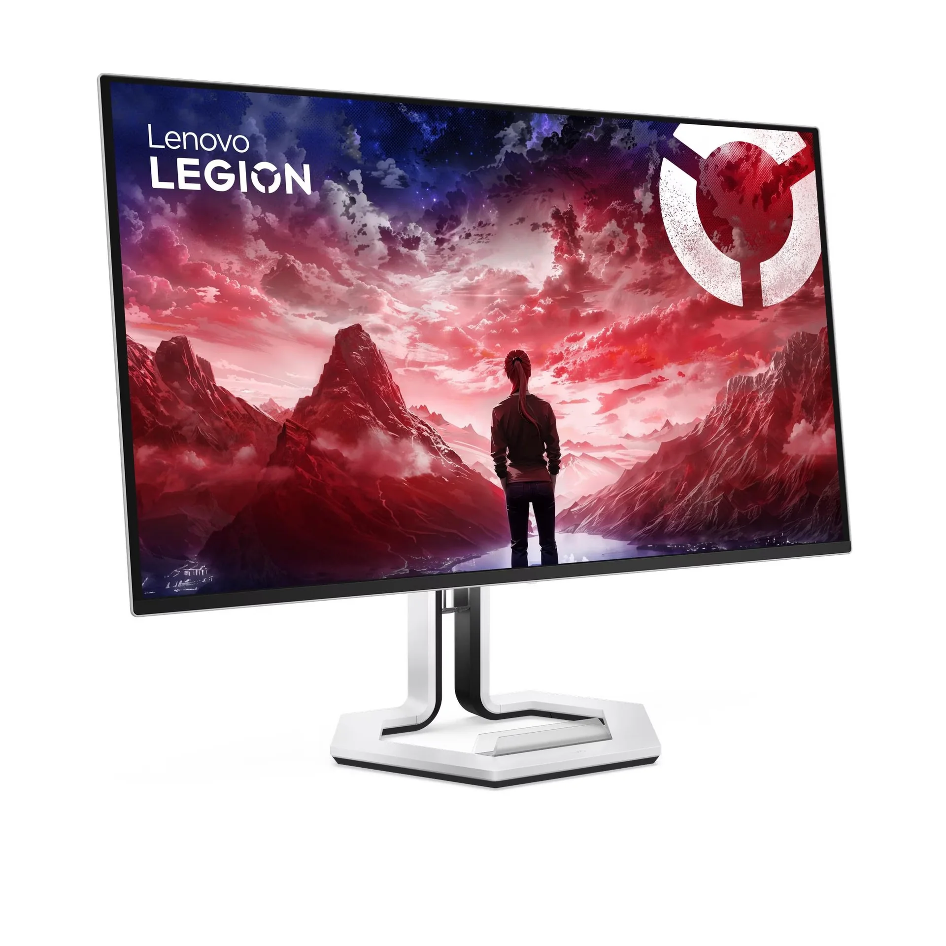 Le moniteur Lenovo Legion Pro 32UD-10 de trois quarts, image de paysage rouge à l’écran
