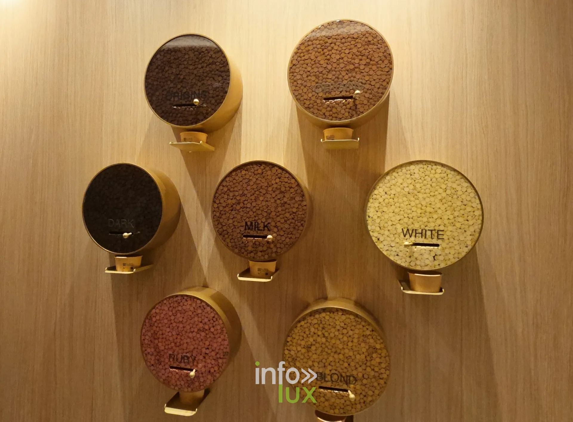 Distributeurs de chocolat noir, au lait, blanc, ruby et blond, inauguration du nouveau site Leonidas à Nivelles, 15 octobre 2026 (photo Karolyn Delisé-Hanse) — photo modifiée par ia