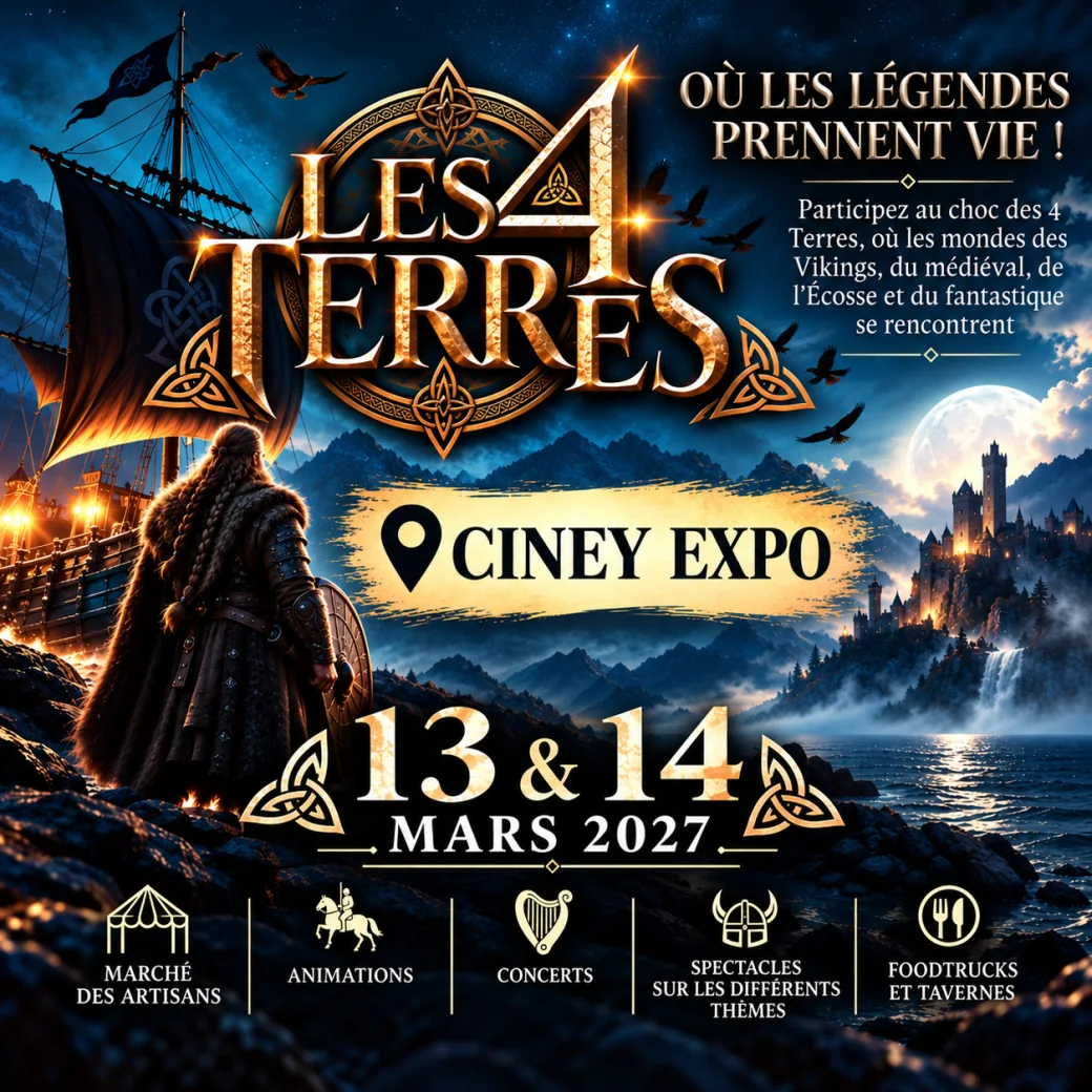 Affiche des 4 Terres 2027 à Ciney Expo : marché des artisans, animations, concerts, spectacles, foodtrucks et tavernes