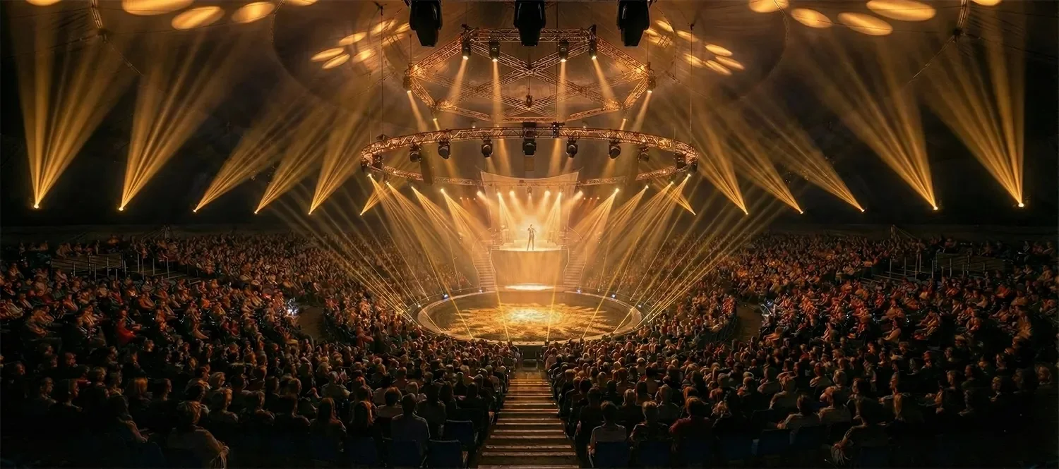 Le chapiteau du nouvel écrin des Folies Gruss à Paris, piste et gradins pendant une représentation