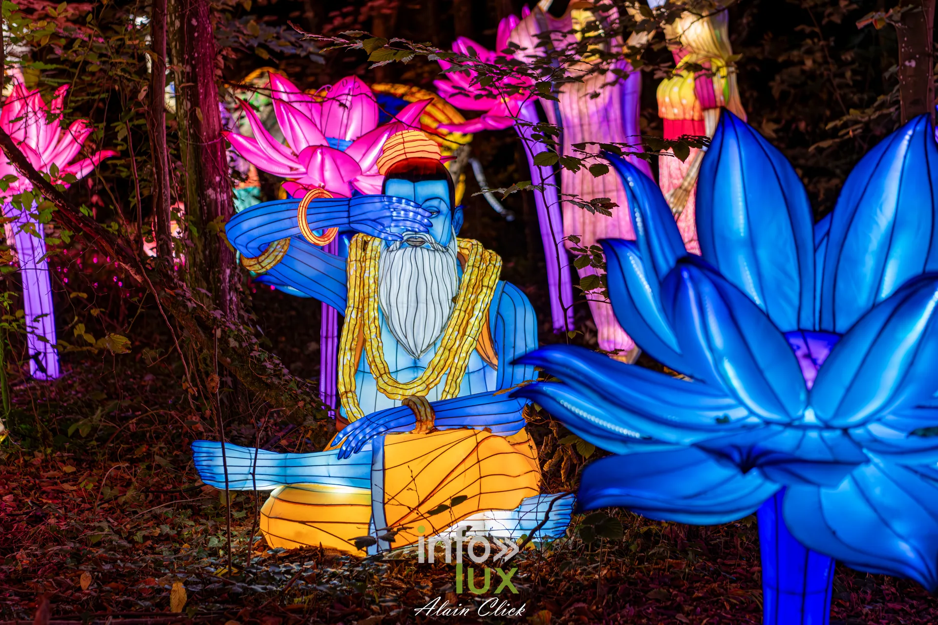 Luminescences 2026-2027 au Zoo d’Amnéville : personnage assis parmi des lotus géants (photo Alain Click)