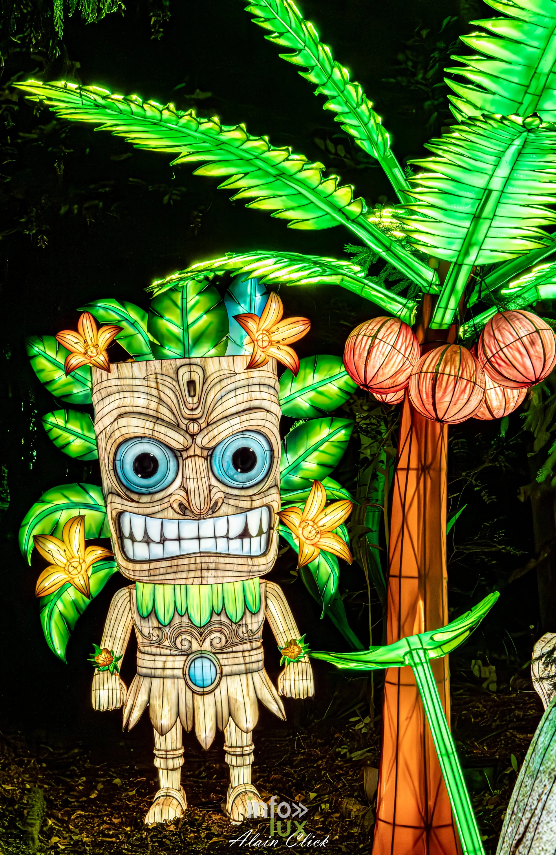 Luminescences 2026-2027 au Zoo d’Amnéville : tiki et palmier lumineux (photo Alain Click)