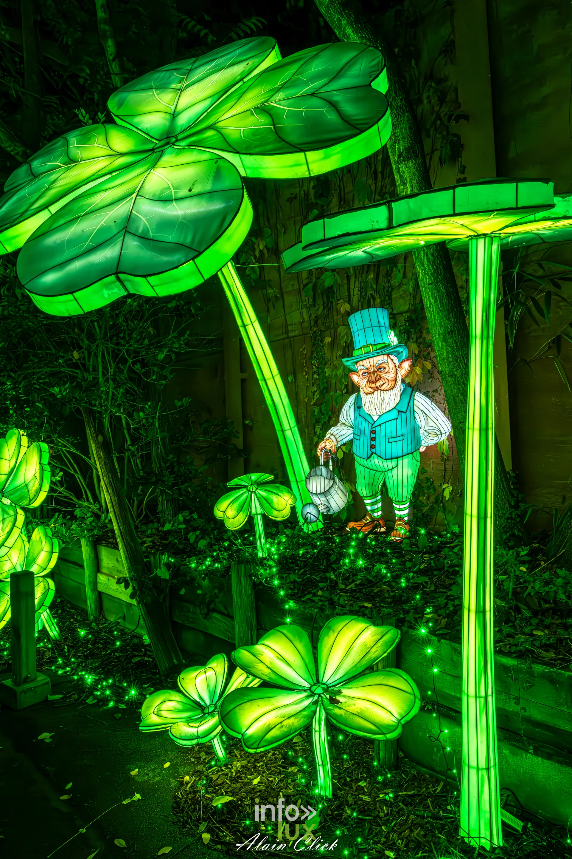 Luminescences 2026-2027 au Zoo d’Amnéville : lutin au chapeau vert parmi les trèfles, univers de la Saint-Patrick (photo Alain Click)