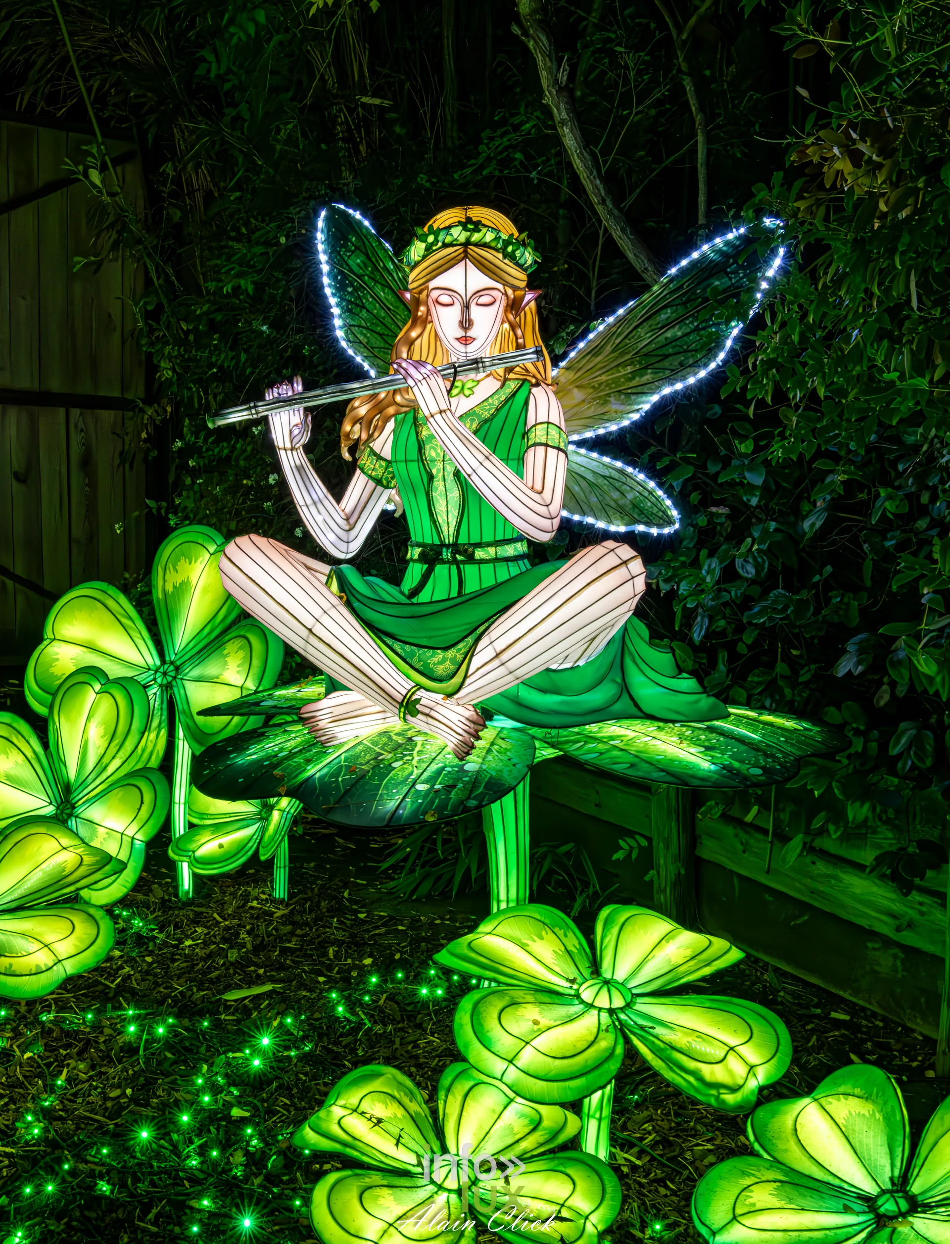 Luminescences 2026-2027 au Zoo d’Amnéville : fée flûtiste parmi les trèfles, univers de la Saint-Patrick (photo Alain Click)