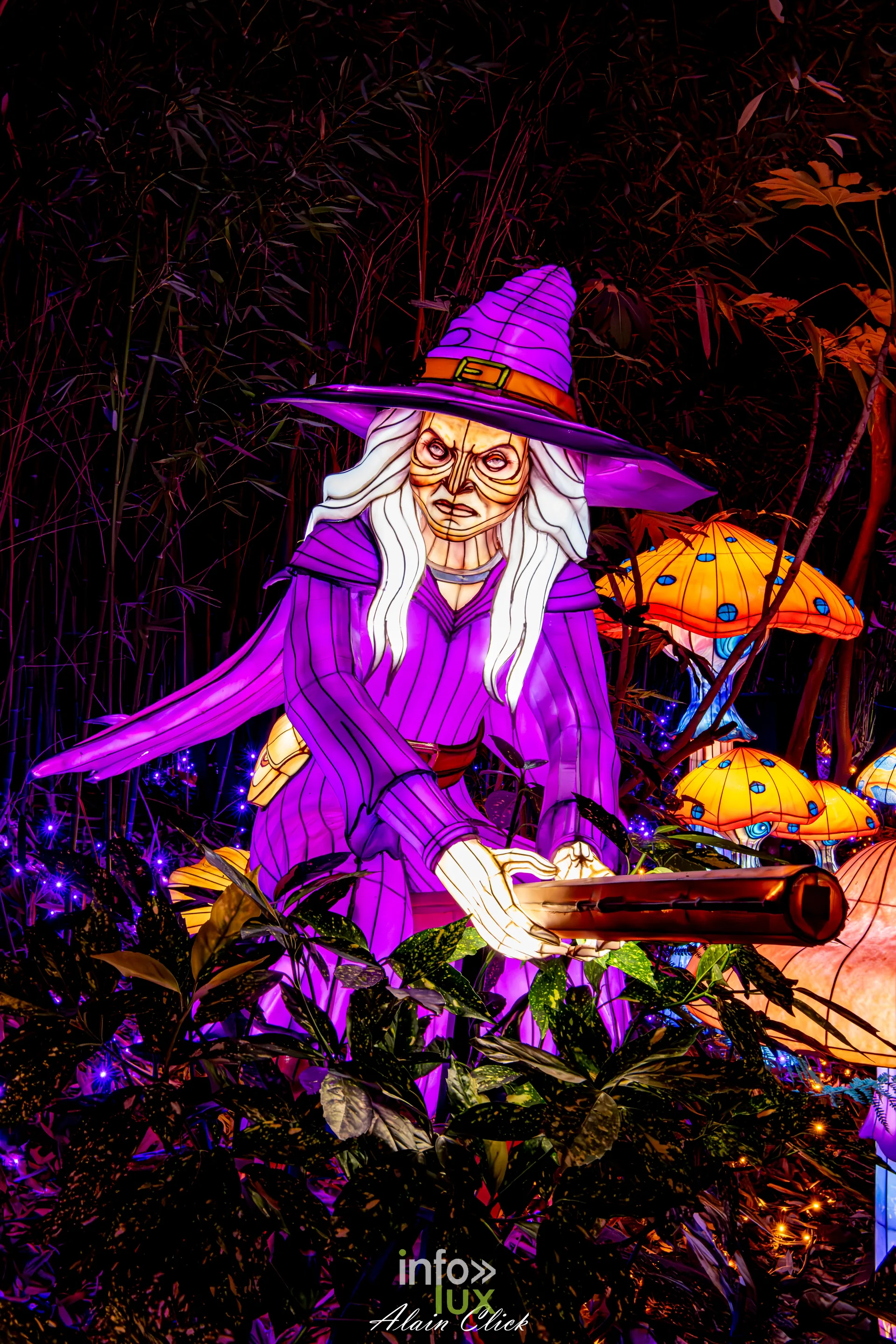 Luminescences 2026-2027 au Zoo d’Amnéville : personnage au chapeau pointu, univers d’Halloween (photo Alain Click)