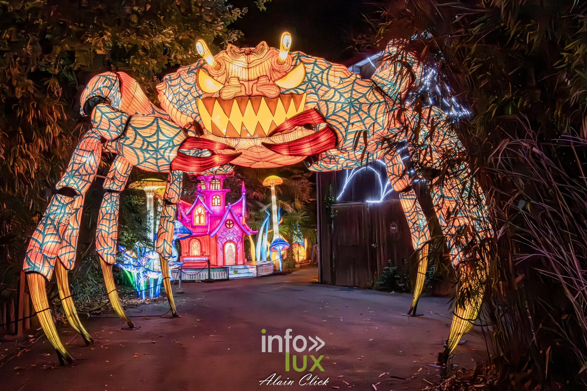 Luminescences 2026-2027 au Zoo d’Amnéville : araignée géante au-dessus de l’allée (photo Alain Click)