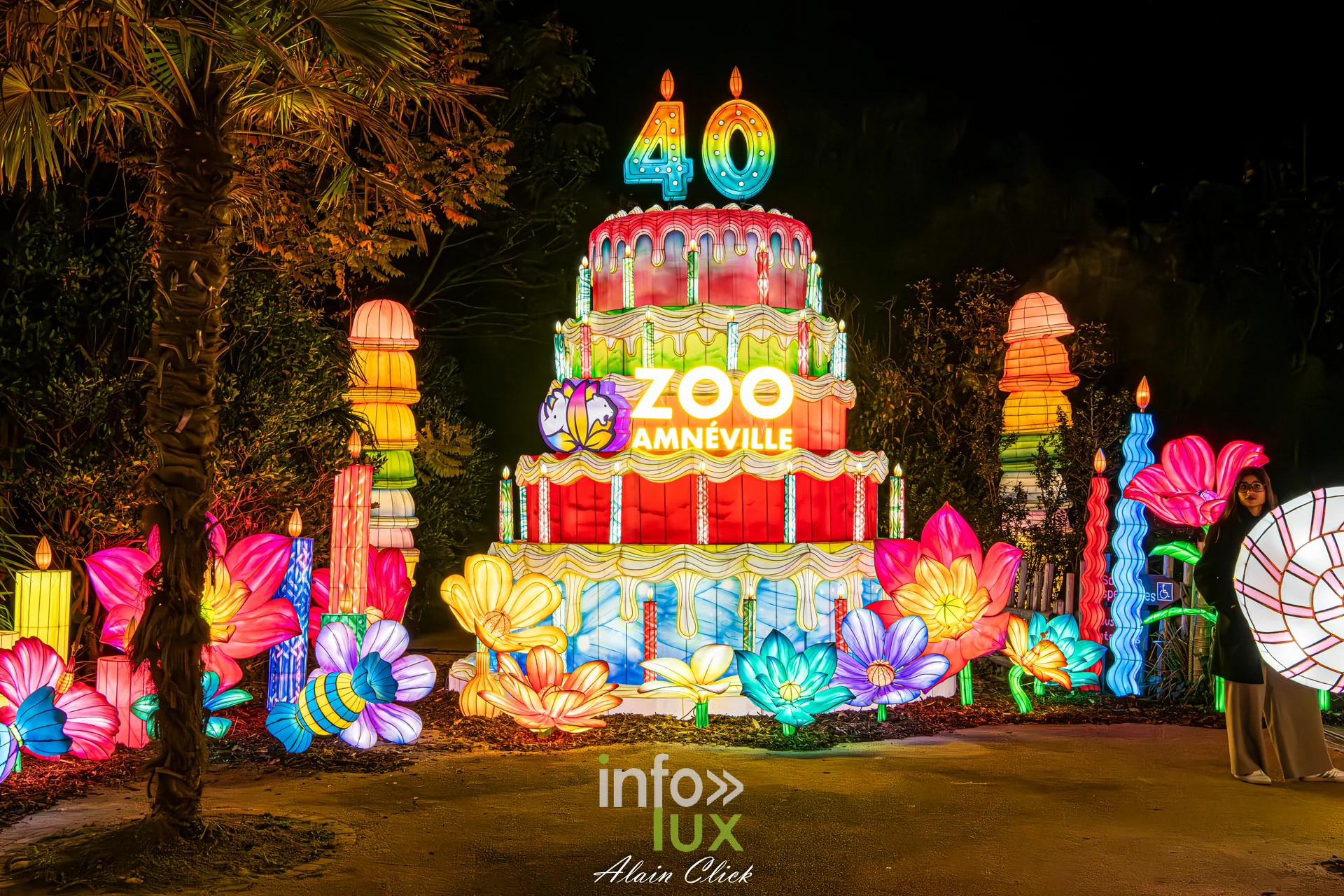 Luminescences 2026-2027 au Zoo d’Amnéville : le gâteau d’anniversaire lumineux « 40 » du zoo (photo Alain Click)