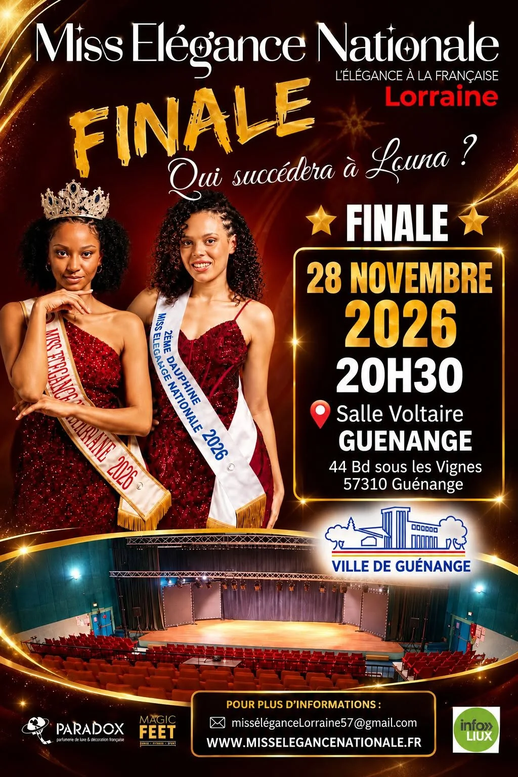 Affiche de la finale Miss Élégance Nationale Lorraine, 28 novembre 2026 à 20 h 30, salle Voltaire de Guénange
