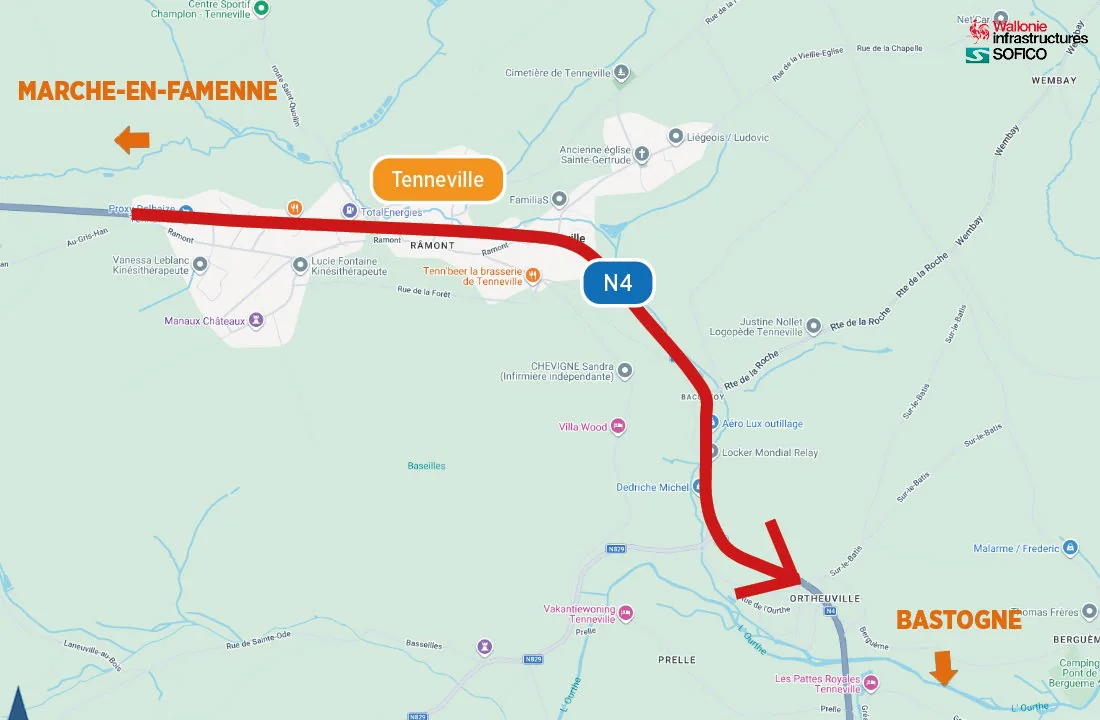 Carte de la fermeture de la N4 dans la traversée de Tenneville, entre le Gris Han et le pont d’Ortheuville, en direction de Bastogne