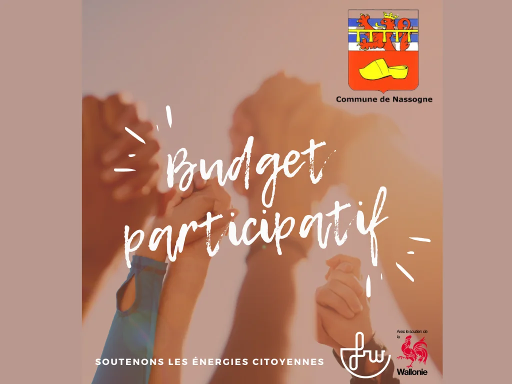 Visuel « Budget participatif » de la commune de Nassogne : des mains levées, « Soutenons les énergies citoyennes »