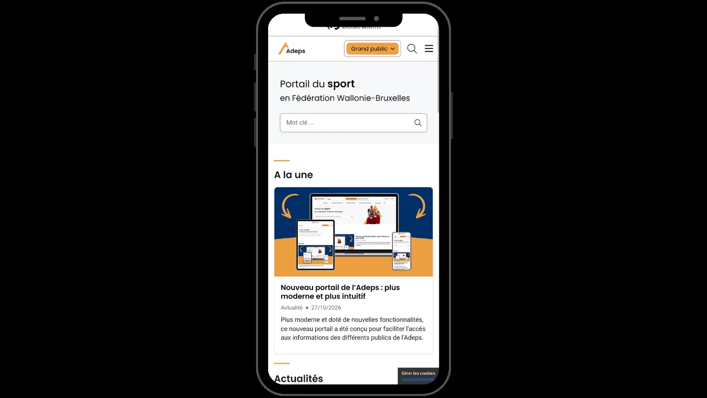 La page d’accueil du portail sport-adeps.be sur smartphone, avec le sélecteur de profil Grand public