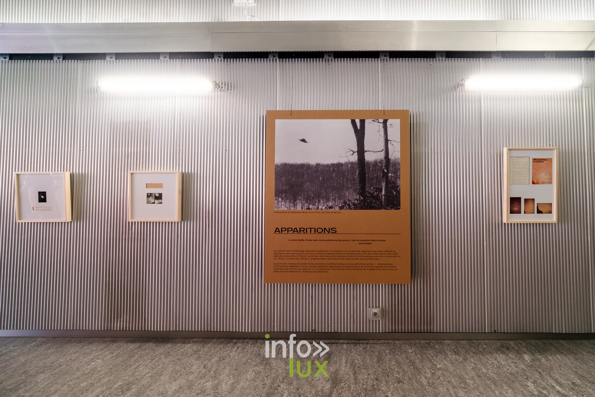Nuit de la Culture 2026 à Esch-Belval : panneau « Apparitions » de l’exposition Ovnis, avec une photographie d’archive d’un objet volant