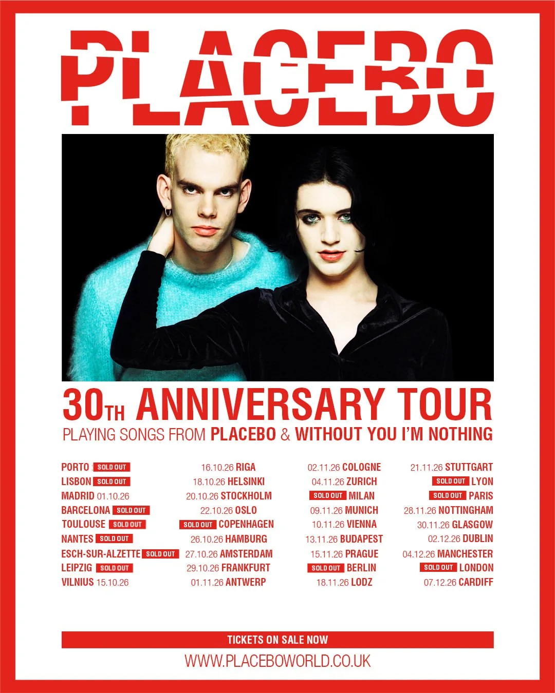 Affiche du 30th Anniversary Tour de Placebo avec Brian Molko et Stefan Olsdal