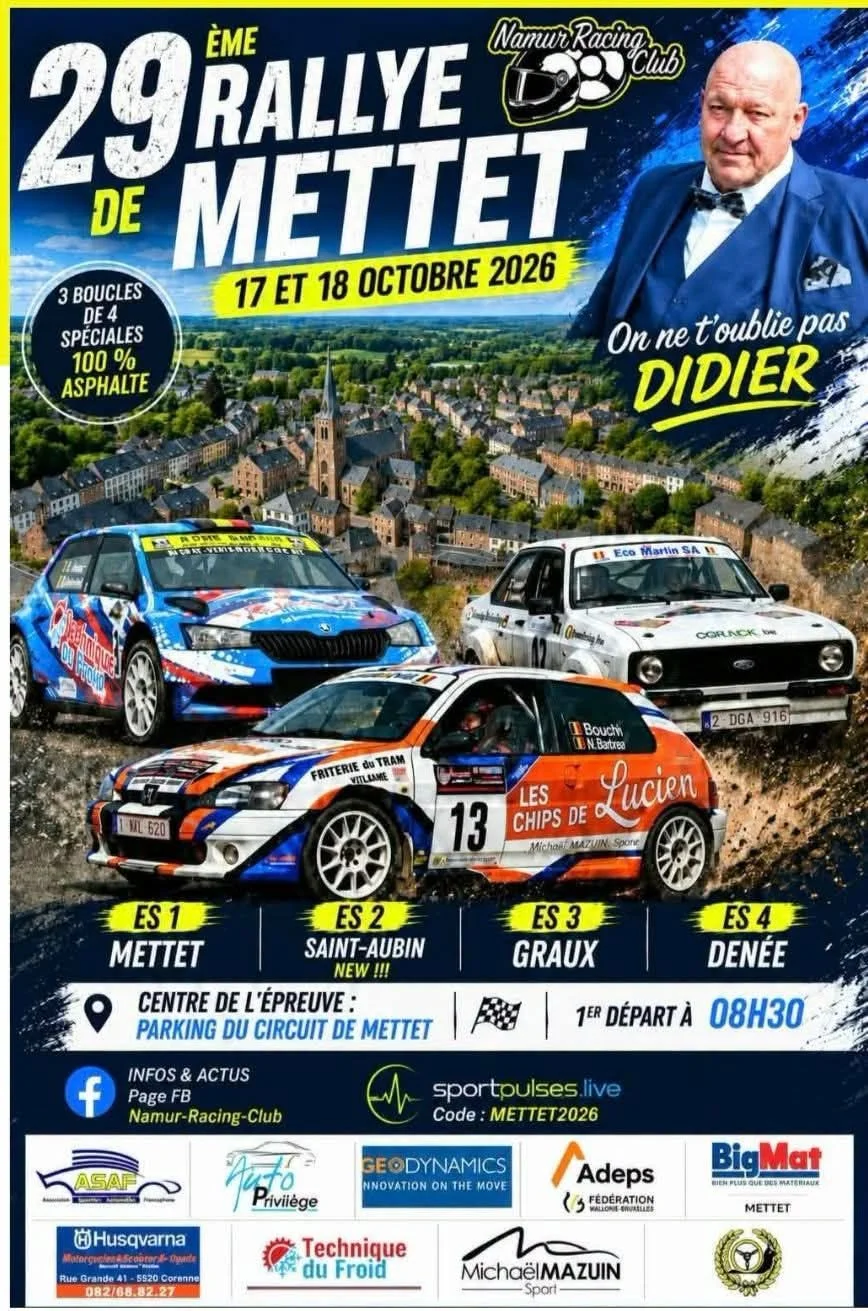 Affiche du 29e Rallye de Mettet, 17 et 18 octobre 2026, Namur Racing Club