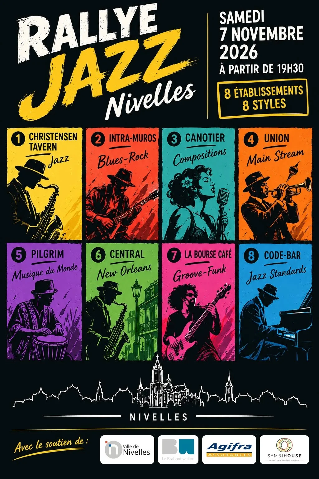 Affiche du Rallye Jazz de Nivelles du samedi 7 novembre 2026 : 8 établissements et 8 styles, de Christensen Tavern au Code-Bar
