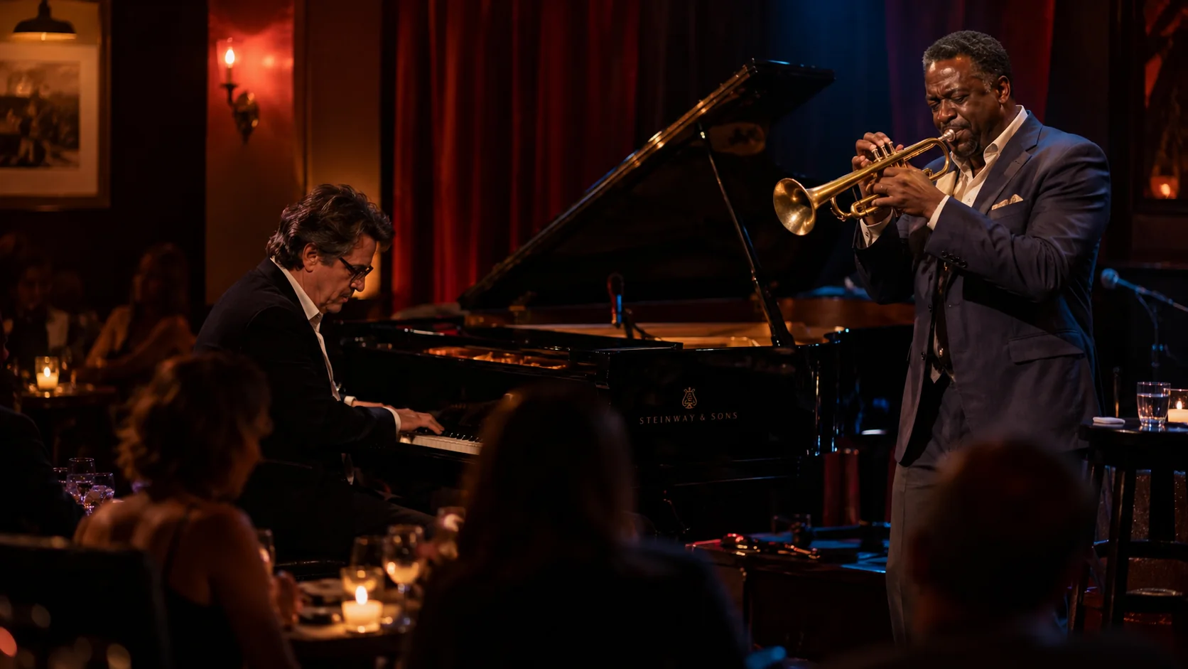 Illustration générée par IA : un pianiste et un trompettiste de jazz dans un club