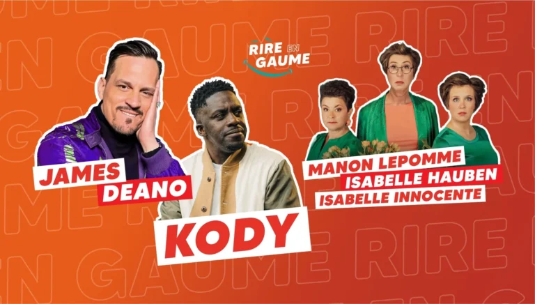 Affiche de Rire en Gaume 2026 à Izel (Chiny) : James Deano, Kody, Manon Lepomme, Isabelle Hauben et Isabelle Innocente