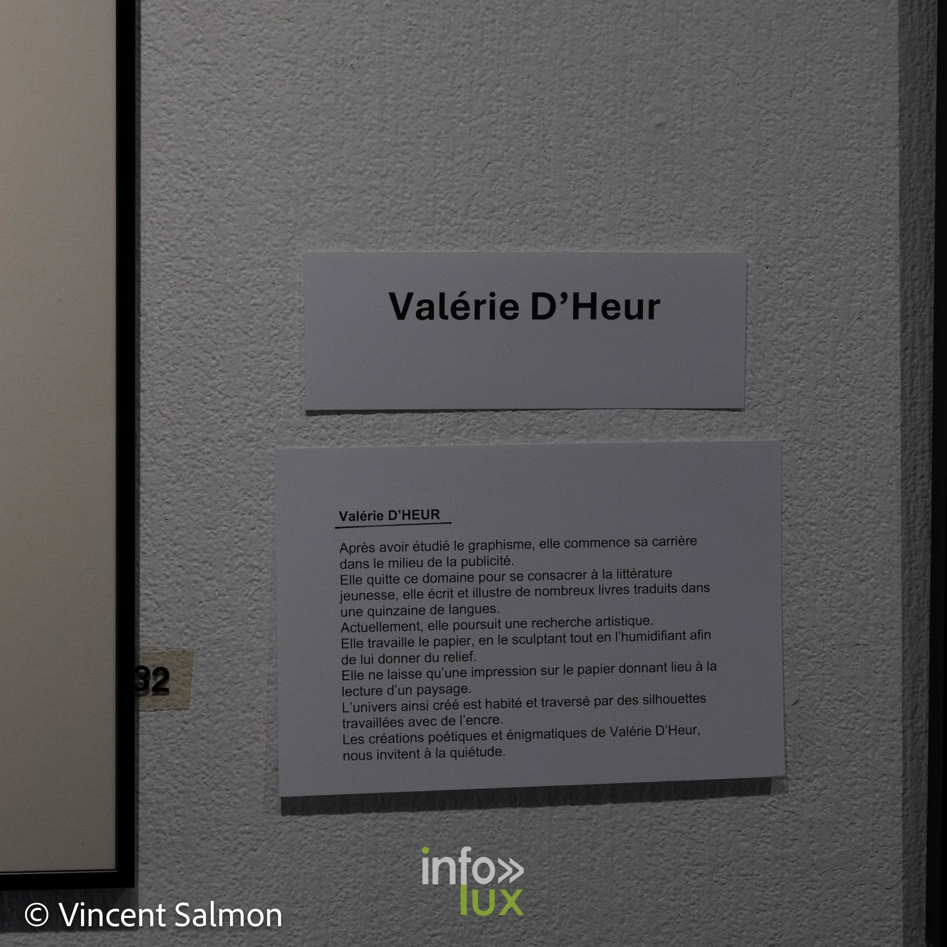 Salon Découvertes, Galerie Liehrmann, Liège, 2026 : Panneau de présentation de Valérie d'Heur dans l’exposition (photo Vincent Salmon)