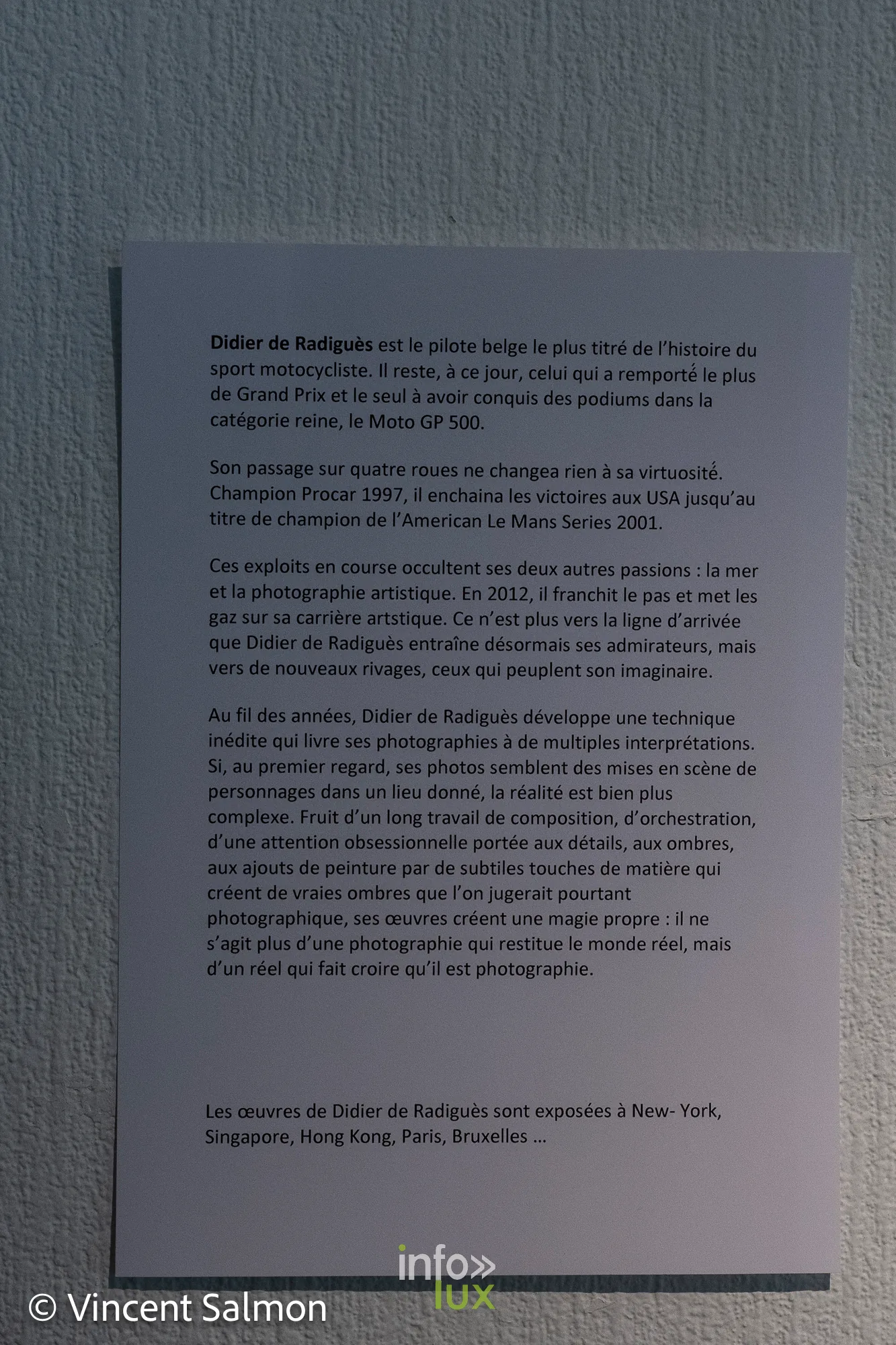 Salon Découvertes, Galerie Liehrmann, Liège, 2026 : Panneau de présentation de Didier de Radiguès dans l’exposition (photo Vincent Salmon)