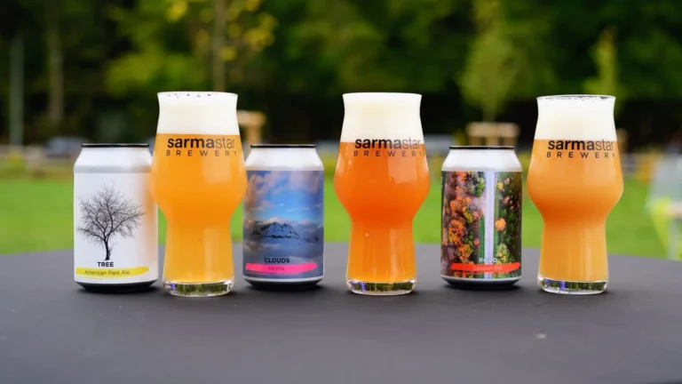 Les bières Sarma Star Brewery d’Arlon : canettes Tree (American Pale Ale), Clouds (NEIPA) et Road (Session IPA) et trois verres de la brasserie