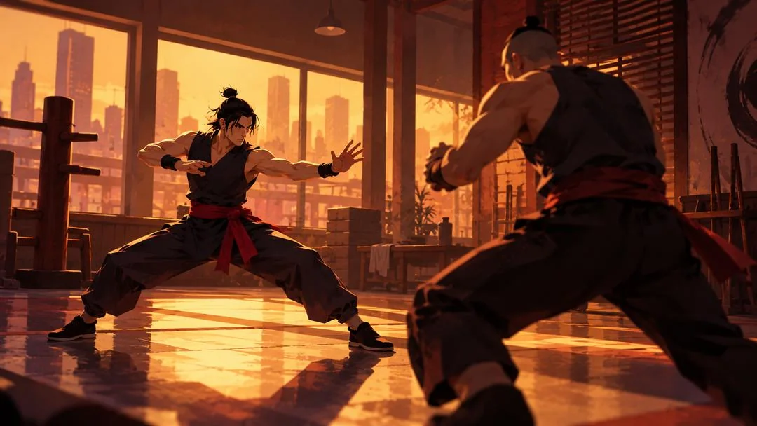 Illustration : deux combattants de kung-fu face à face dans une salle d’entraînement